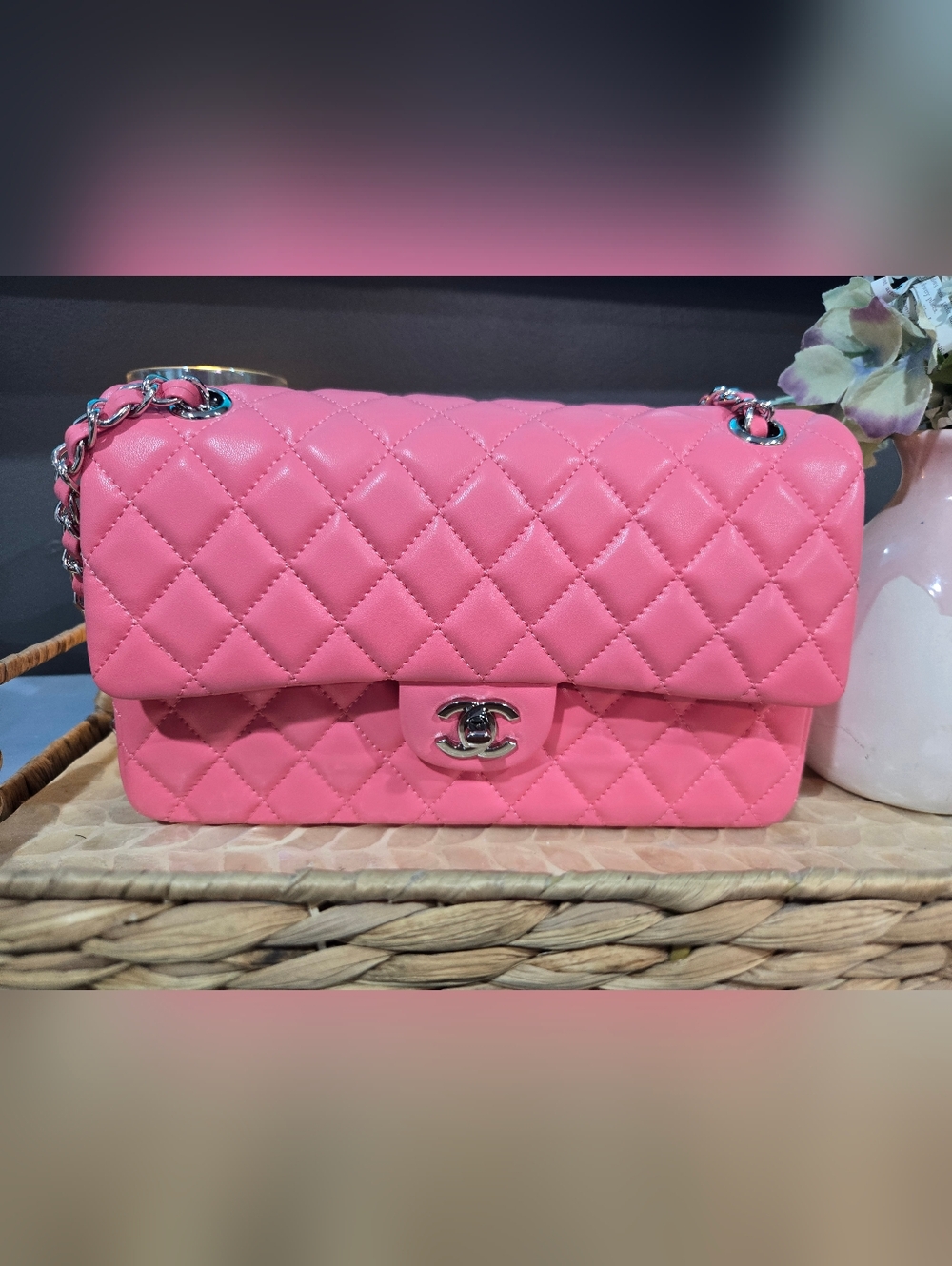 Classic Pink Quilted Double Flap Shoulder Bag - Gold Chain - NEW - Picture 6 of 6